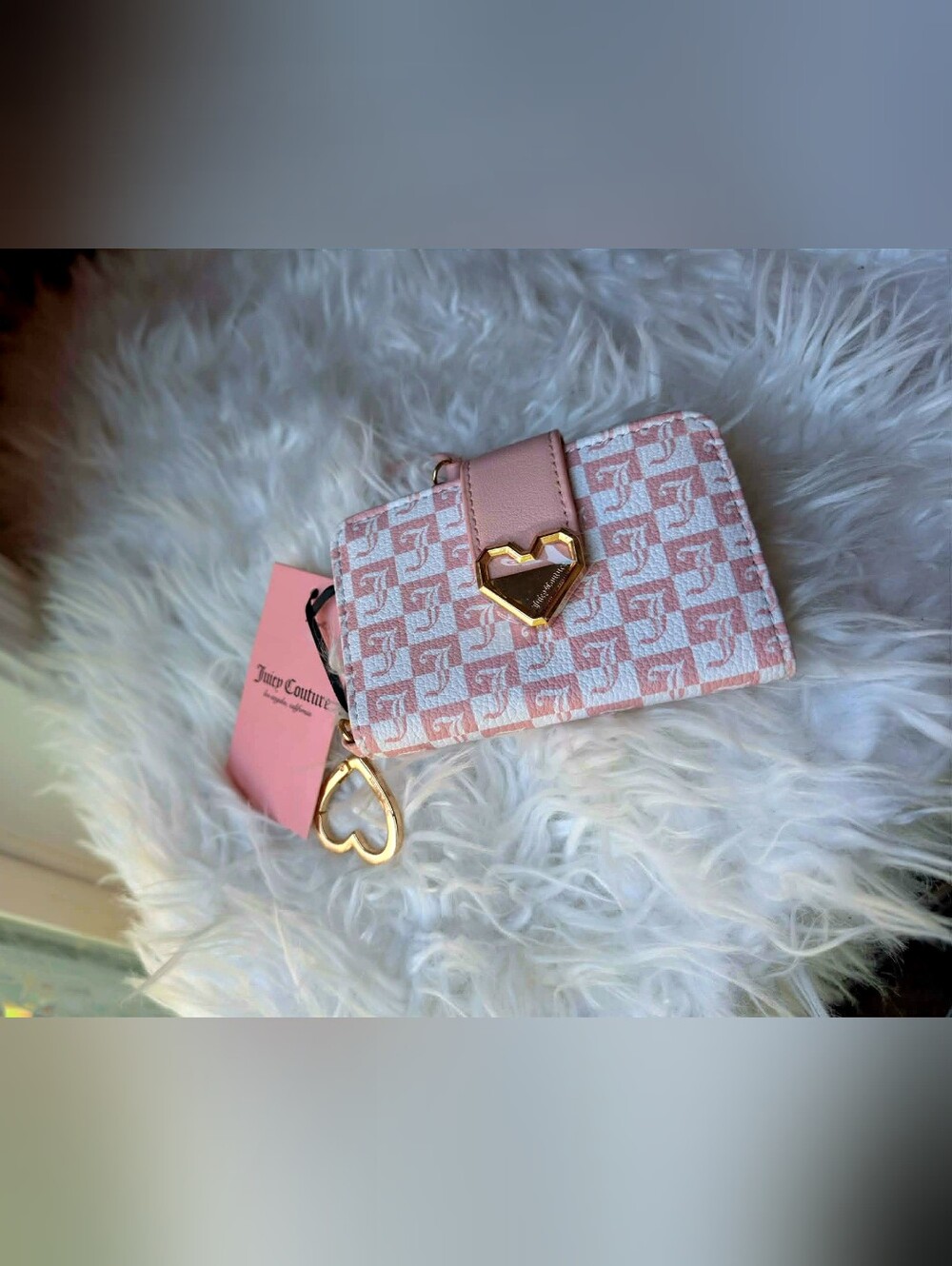 NWT Juicy Couture Modern Chic Tab Card Wallet Pink Diamond Monogram Heart Charm